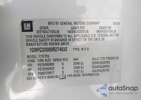 2009 Chevrolet Tahoe Ltz z USA, uszkodzony, nr VIN 1GNFC33009R274832